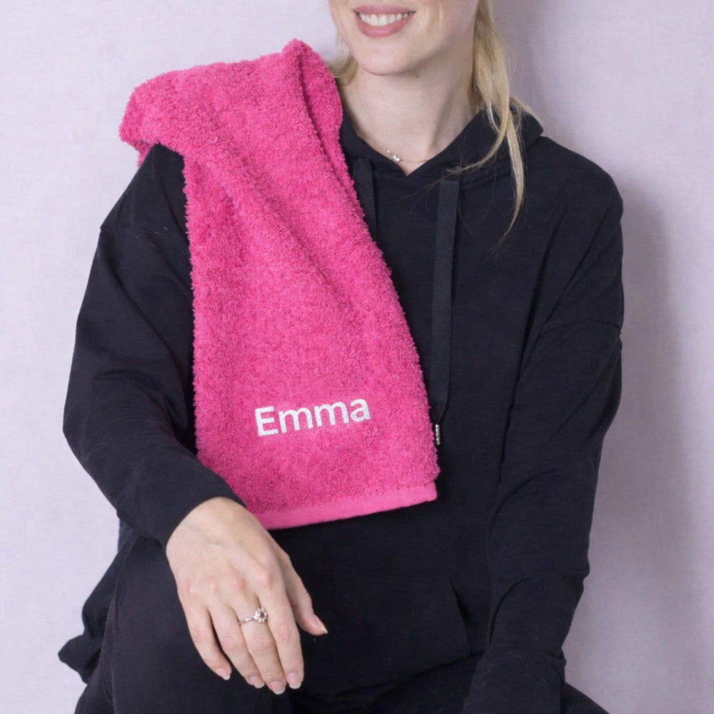 name on pink gym towel
