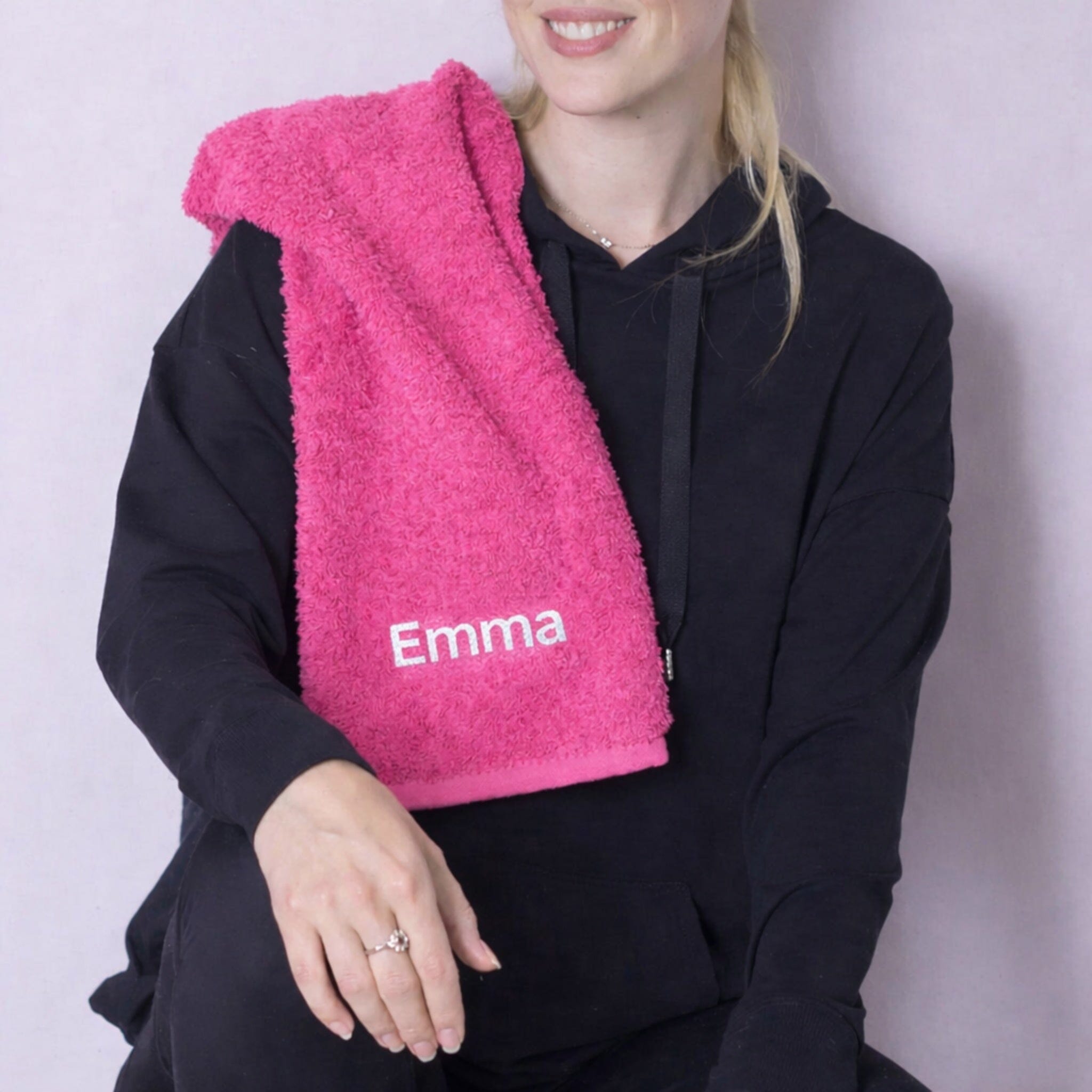 name on pink gym towel