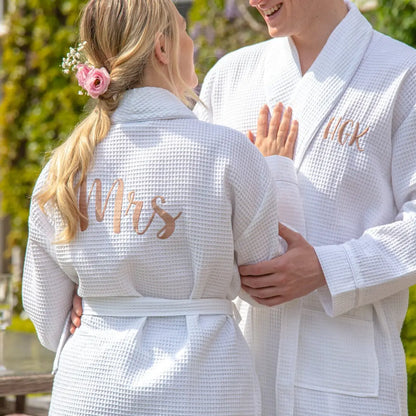 Waffle robes with embroidery on the front and the back