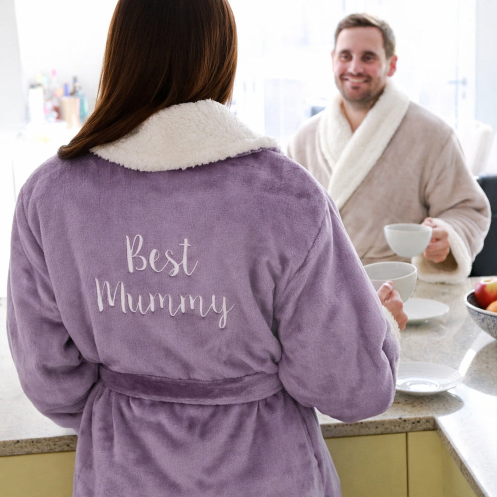 white text on lavender dressing gown