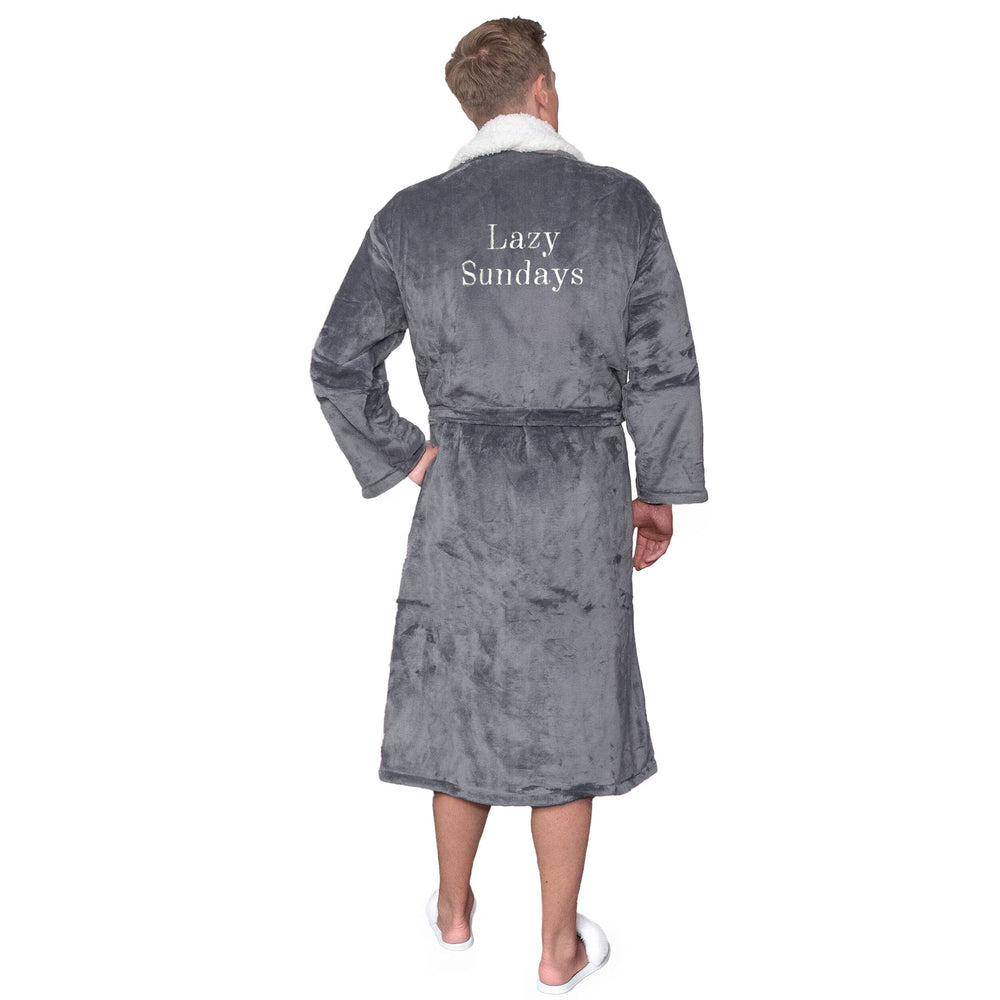 Person wearing a personalised sherpa robe with 'Lazy Sundays' text on the back, standing against a white background.