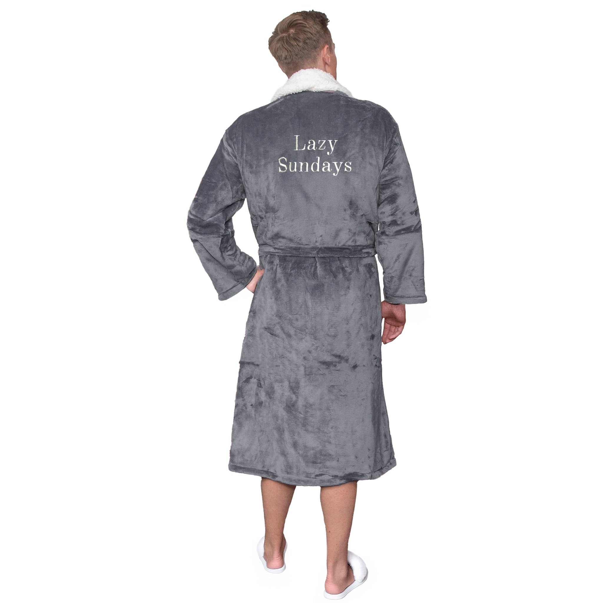 Person wearing a personalised sherpa robe with 'Lazy Sundays' text on the back, standing against a white background.