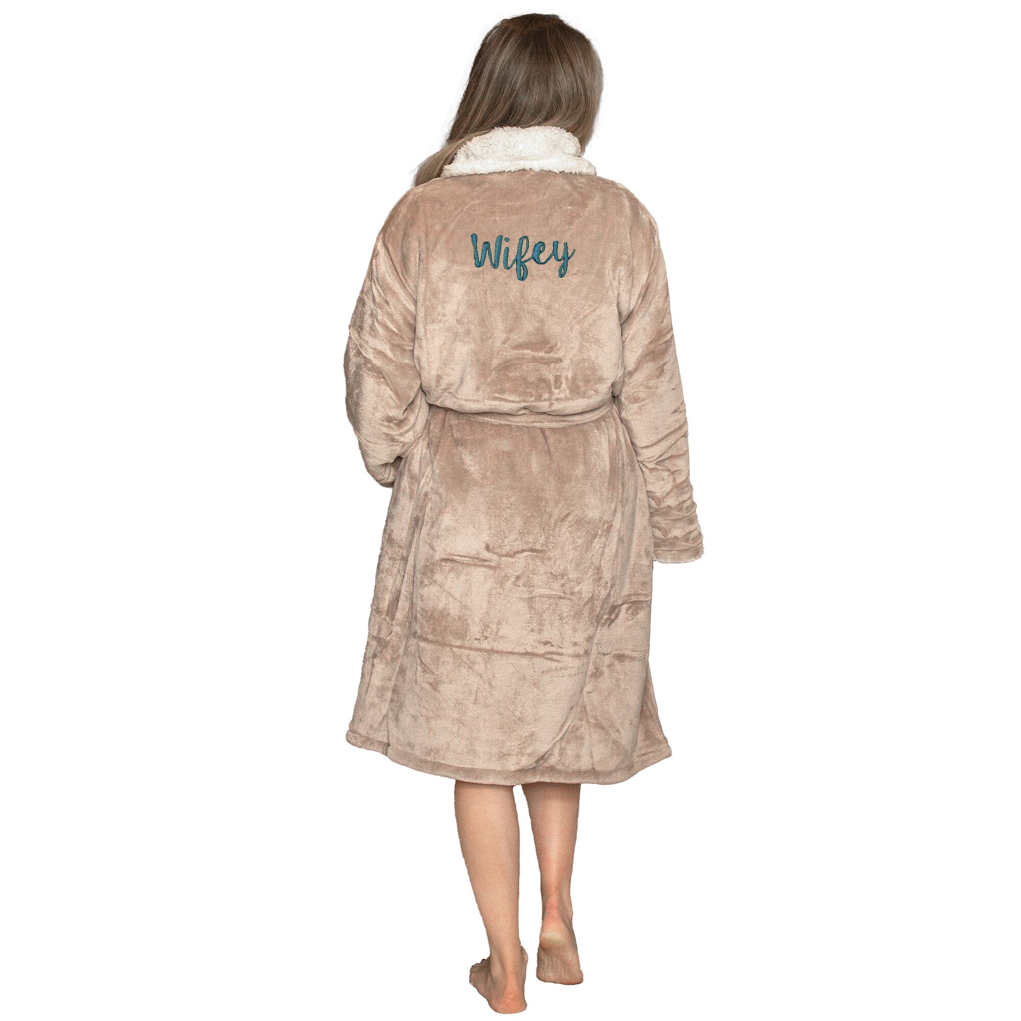 Woman wearing a Personalised Taupe Sherpa robe with 'Wifey' embroidery on a white background