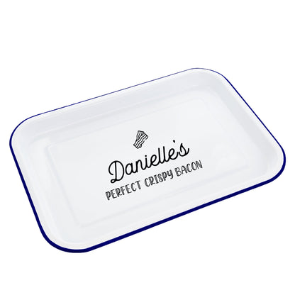 Personalised Bacon Enamel Baking Tray white backdrop