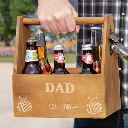 A Male model carrying the Personalised Beer Bottle Carrier 