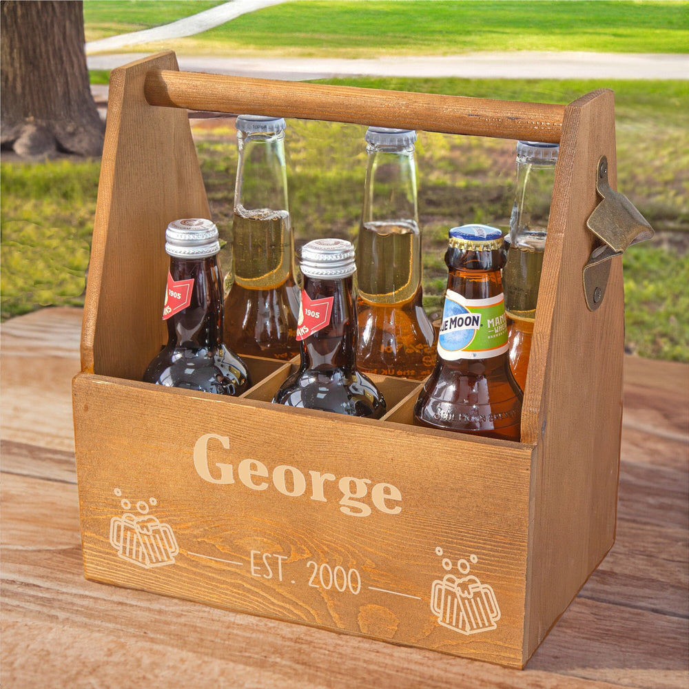 Personalised Beer Bottle Carrier on a table in a park 