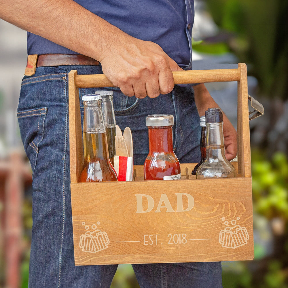 A Male model carrying the Personalised Beer Bottle Carrier