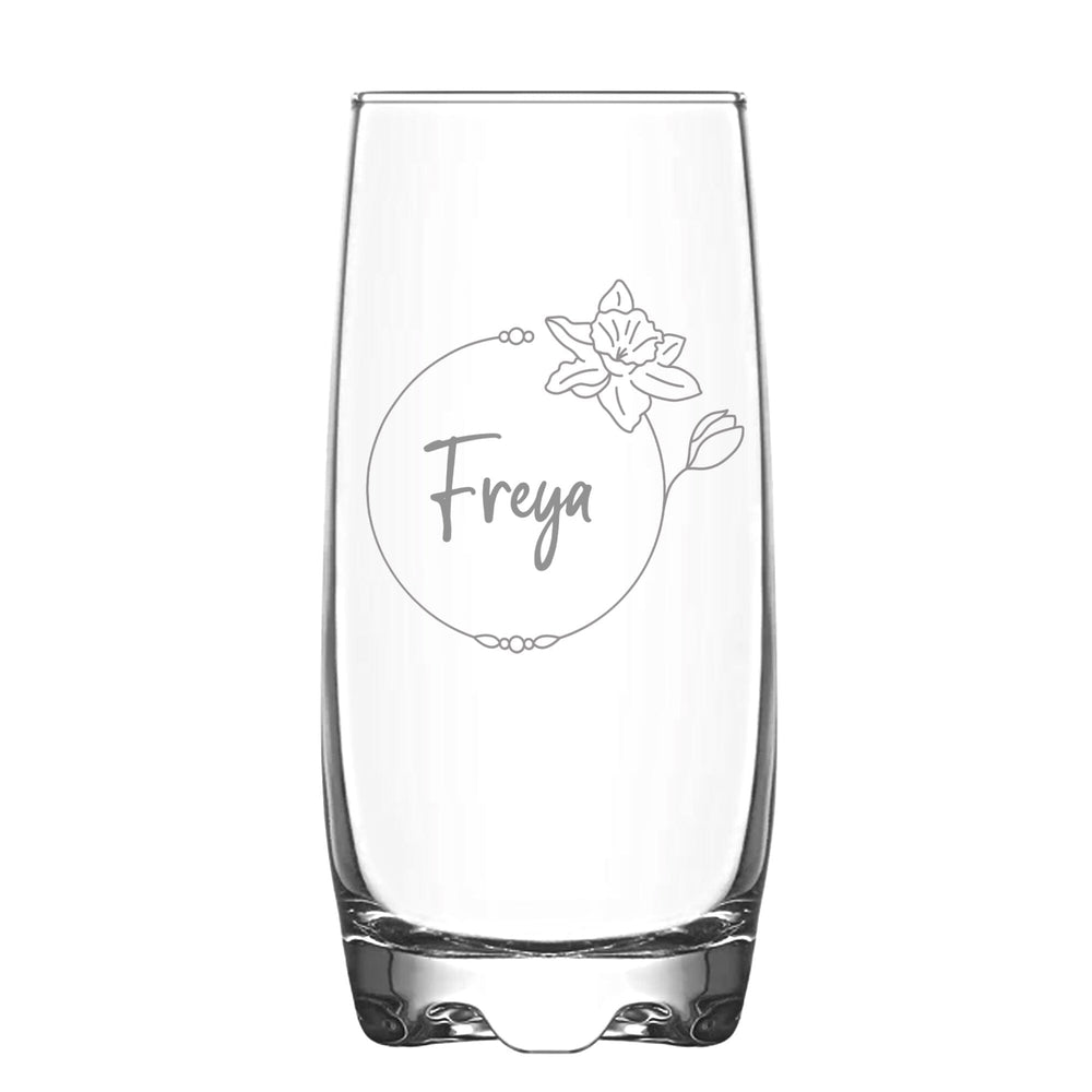 Personalised December Birth Flower Hi Ball Glass Tumbler on White Backdrop