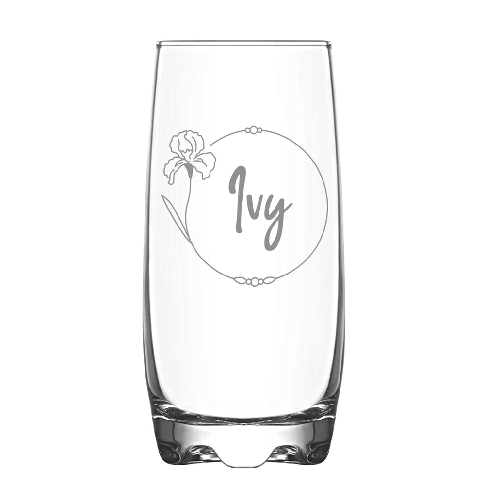 Personalised February Birth Flower Hi Ball Glass Tumbler on White Backdrop