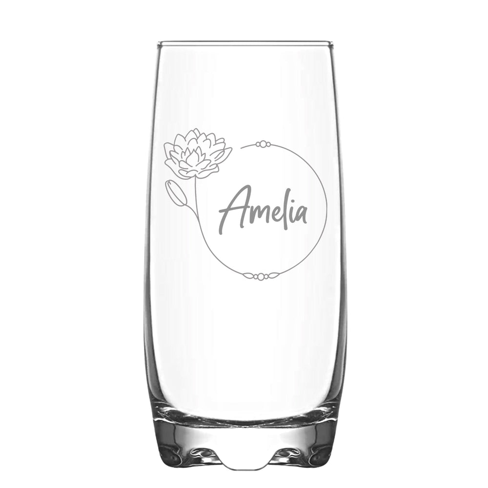 Personalised July Birth Flower Hi Ball Glass Tumbler on White Backdrop