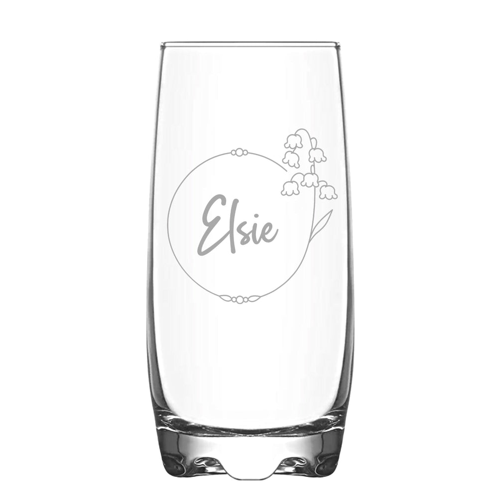 Personalised May Birth Flower Hi Ball Glass Tumbler on White Backdrop