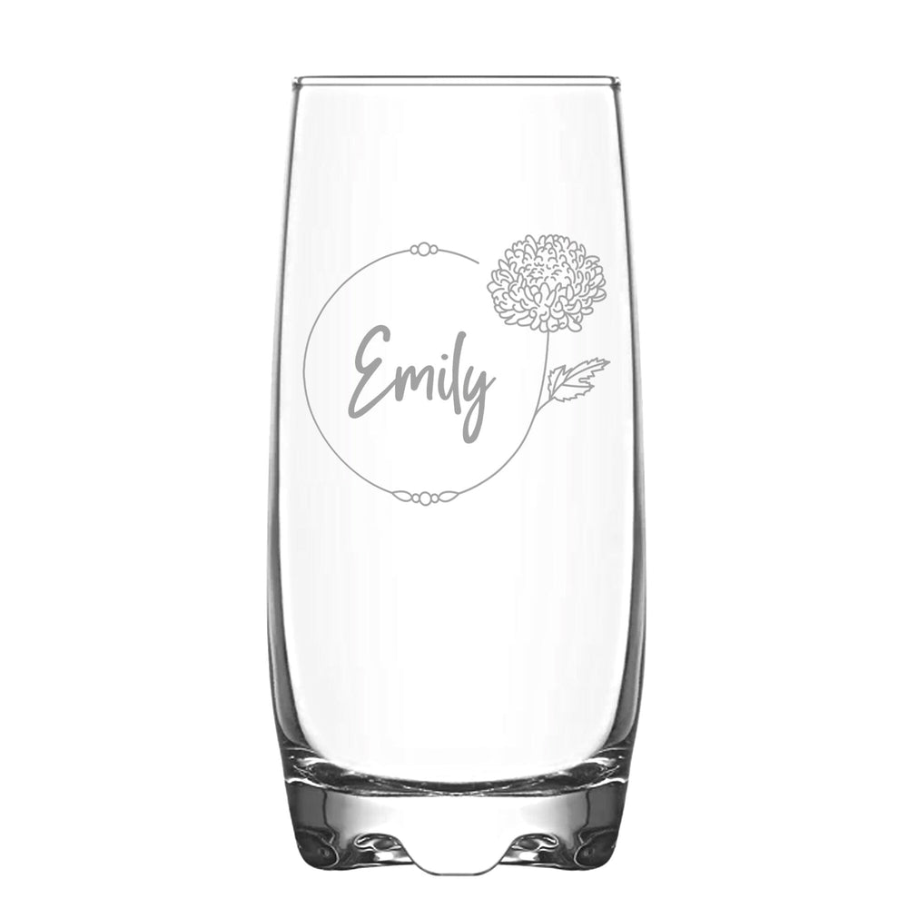 Personalised November Birth Flower Hi Ball Glass Tumbler on White Backdrop