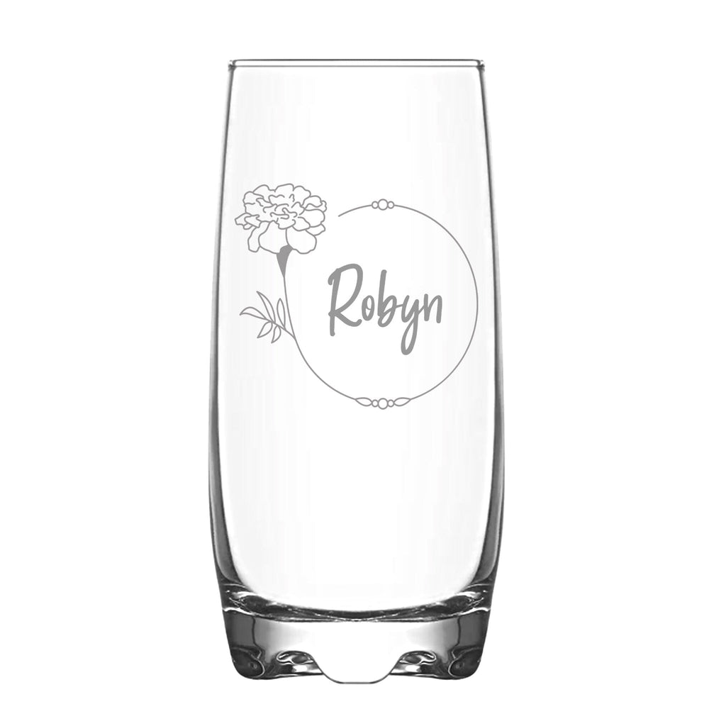 Personalised October Birth Flower Hi Ball Glass Tumbler on White Backdrop