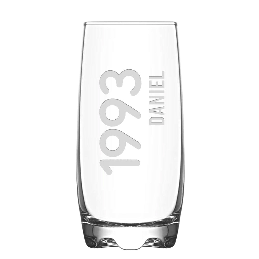 Personalised Birth Year Hi Ball Glass Tumbler on white backdrop