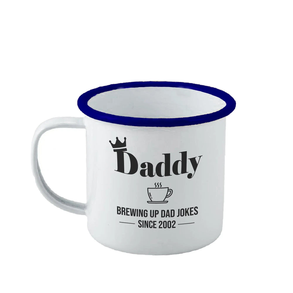 Personalised Brewing Up Dad Jokes Enamel Mug - Duncan Stewart 1978 Enamel-White-with-Blue-Rim Duncan Stewart 1978