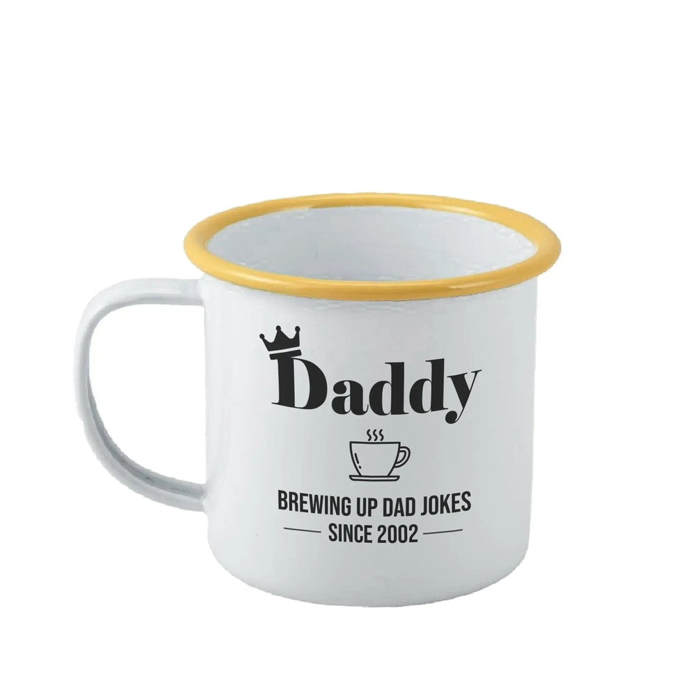 Personalised Brewing Up Dad Jokes Enamel Mug - Duncan Stewart 1978 Enamel-White-with-Yellow-Rim Duncan Stewart 1978