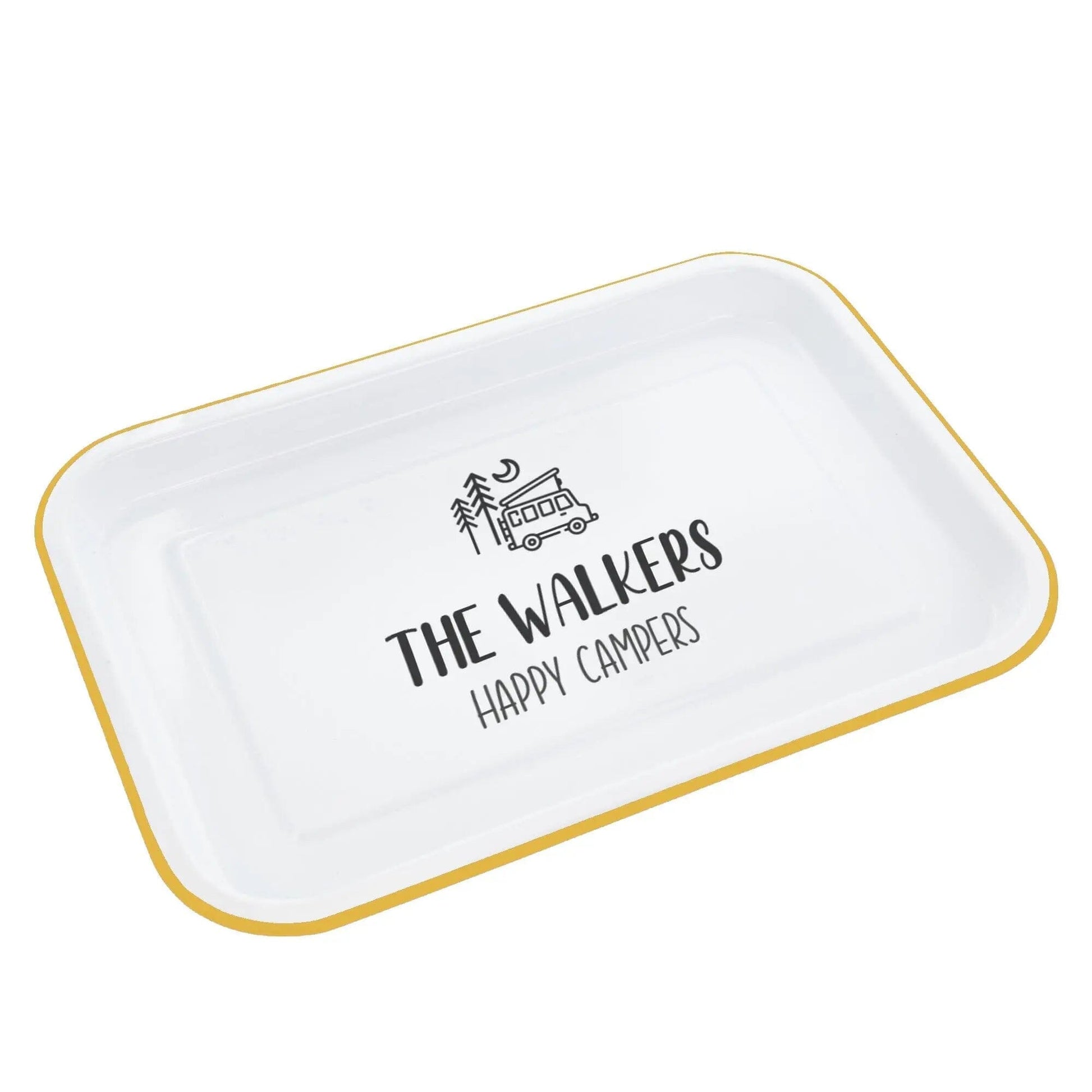 Personalised Camping Enamel Serving Tray - Duncan Stewart 1978 Campervan-Enamel-White-with-Yellow-Rim Duncan Stewart 1978