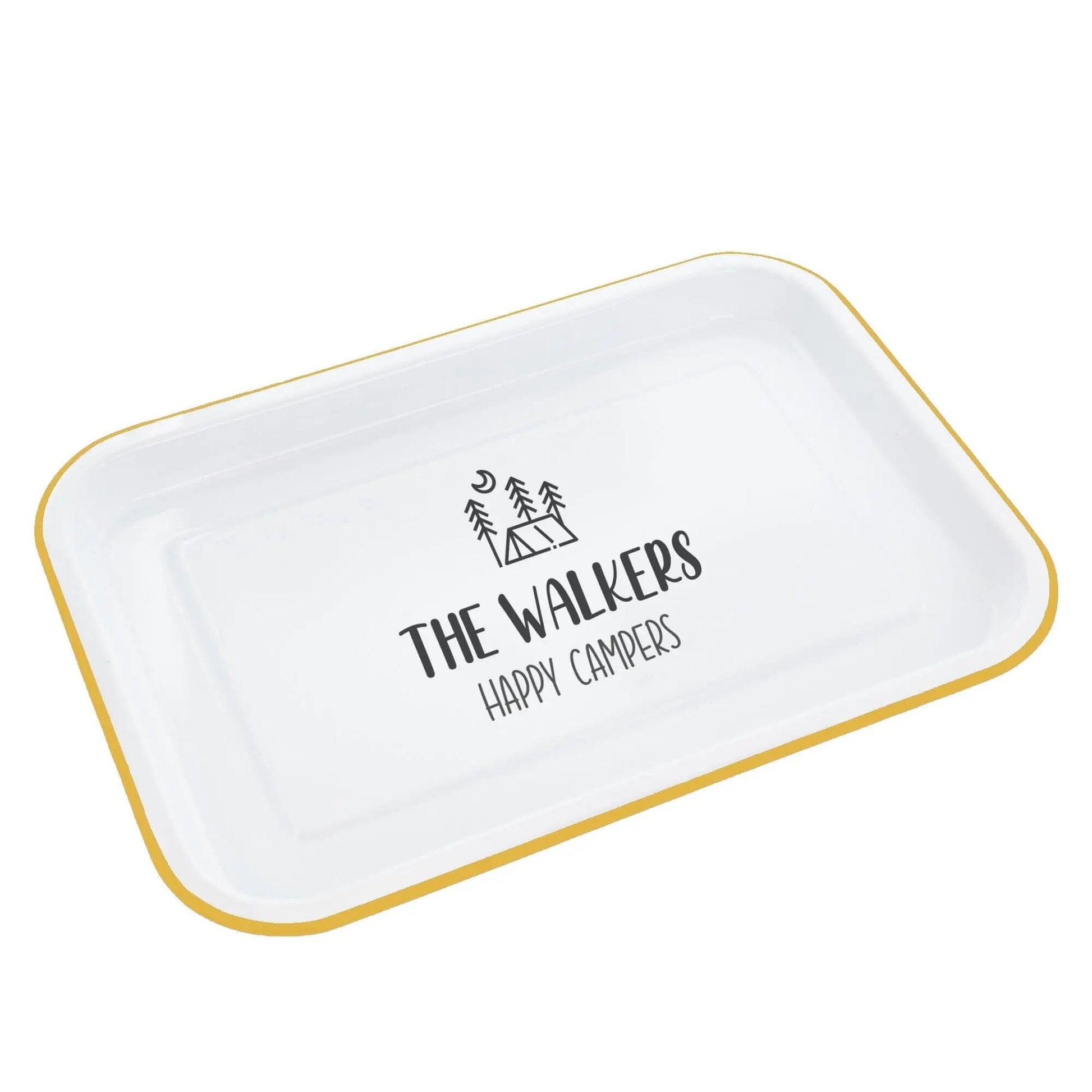 Personalised Camping Enamel Serving Tray - Duncan Stewart 1978 Tent-Enamel-White-with-Yellow-Rim Duncan Stewart 1978