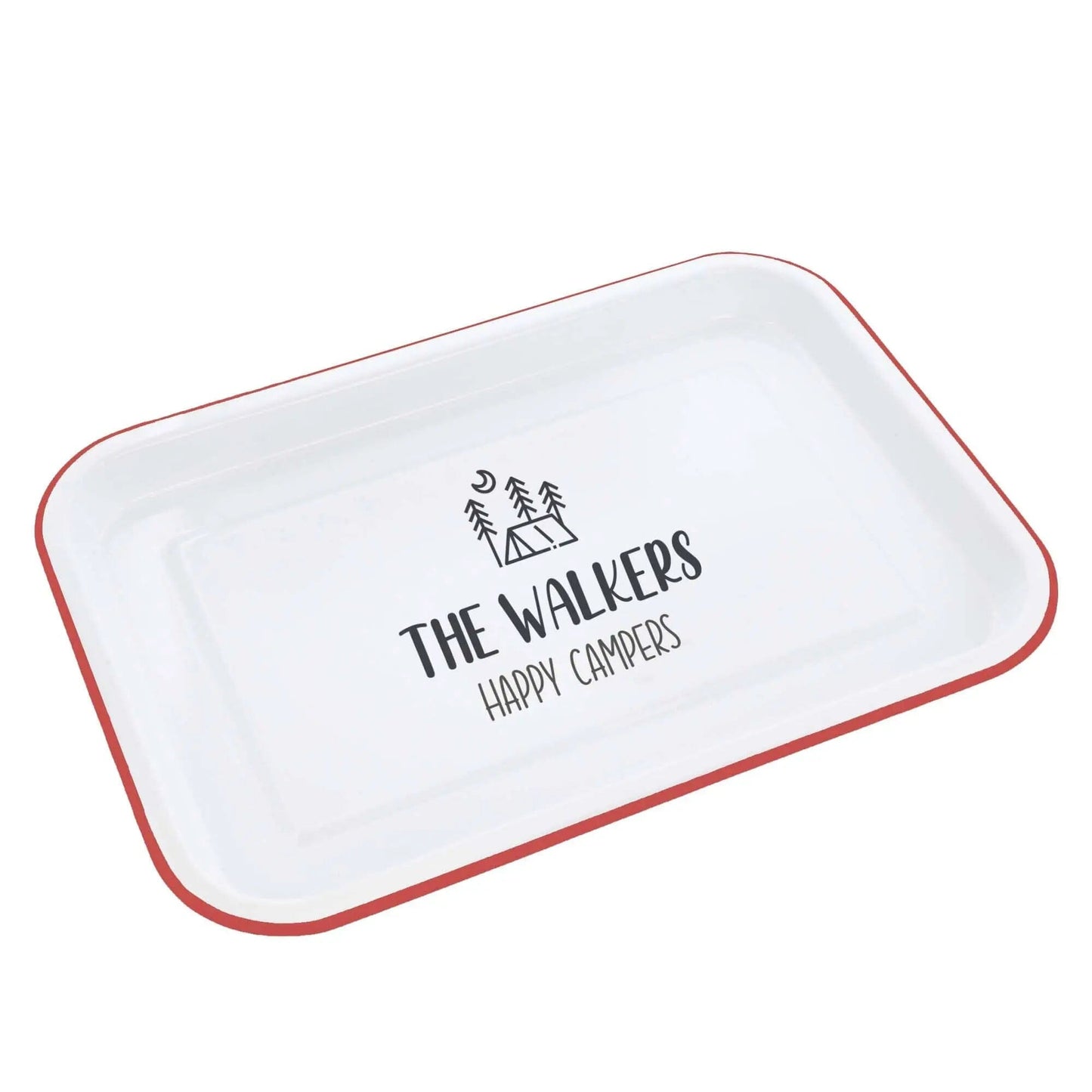 Personalised Camping Enamel Serving Tray - Duncan Stewart 1978 Tent-Enamel-White-with-Red-Rim Duncan Stewart 1978