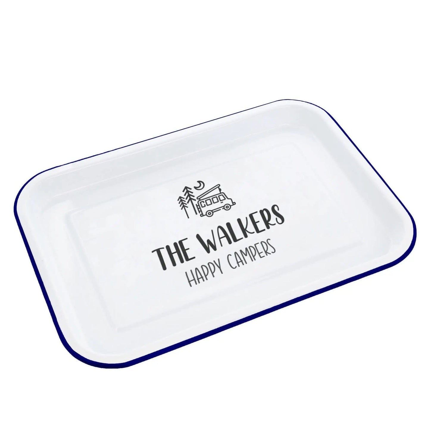 Personalised Camping Enamel Serving Tray - Duncan Stewart 1978 Campervan-Enamel-White-with-Blue-Rim Duncan Stewart 1978