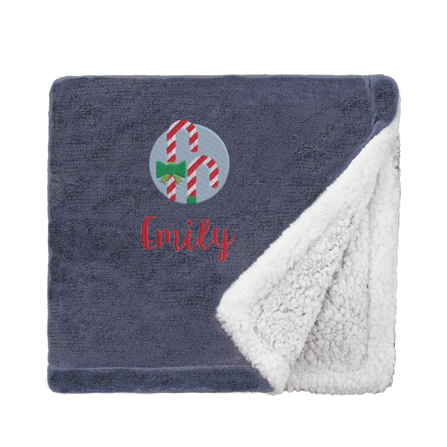 Slate Personalised Candy Canes Christmas Mini Sherpa Blanket on White Backdrop