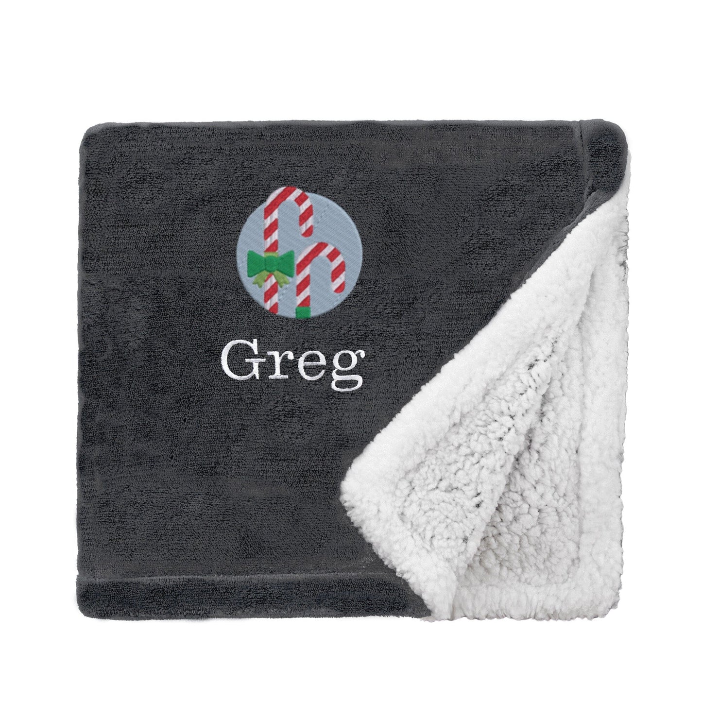 Black Personalised Candy Canes Christmas Mini Sherpa Blanket on White Backdrop