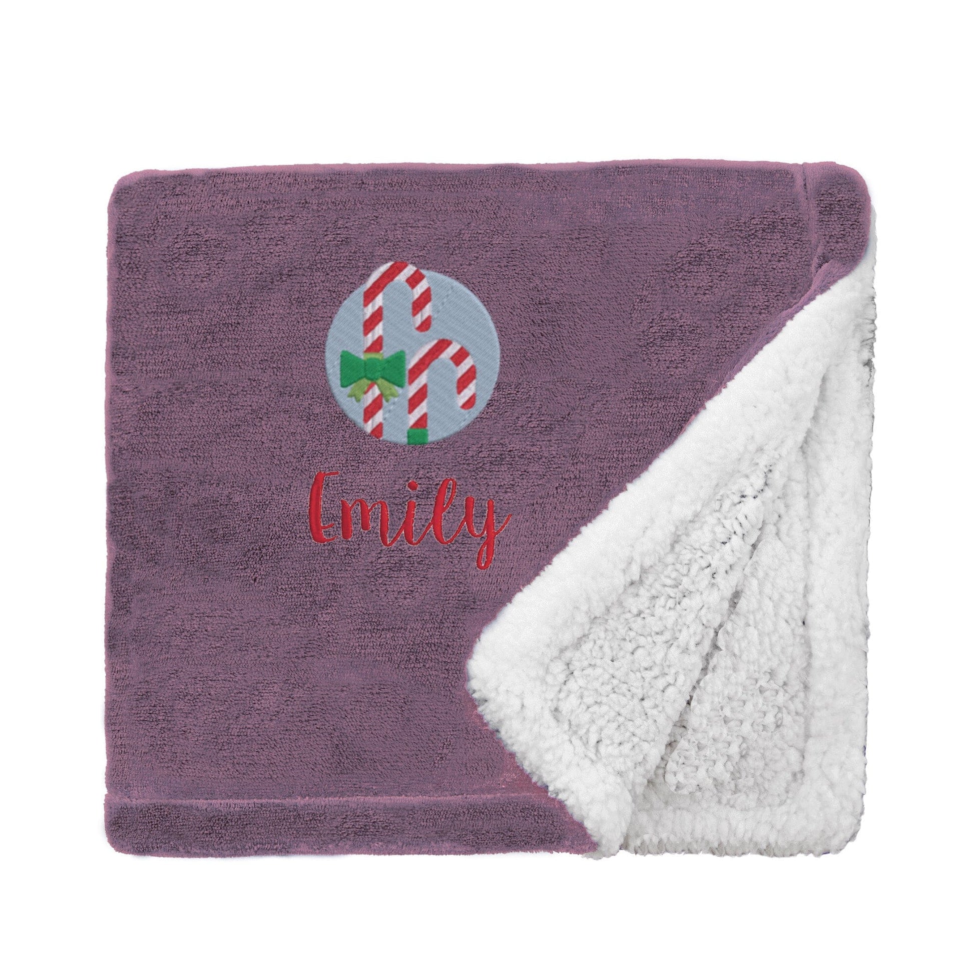 Lavender Personalised Candy Canes Christmas Mini Sherpa Blanket on White Backdrop