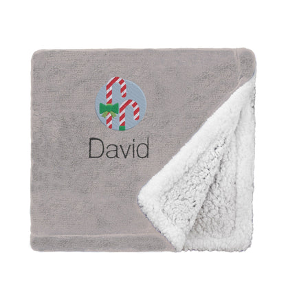 Taupe Personalised Candy Canes Christmas Mini Sherpa Blanket on White Backdrop