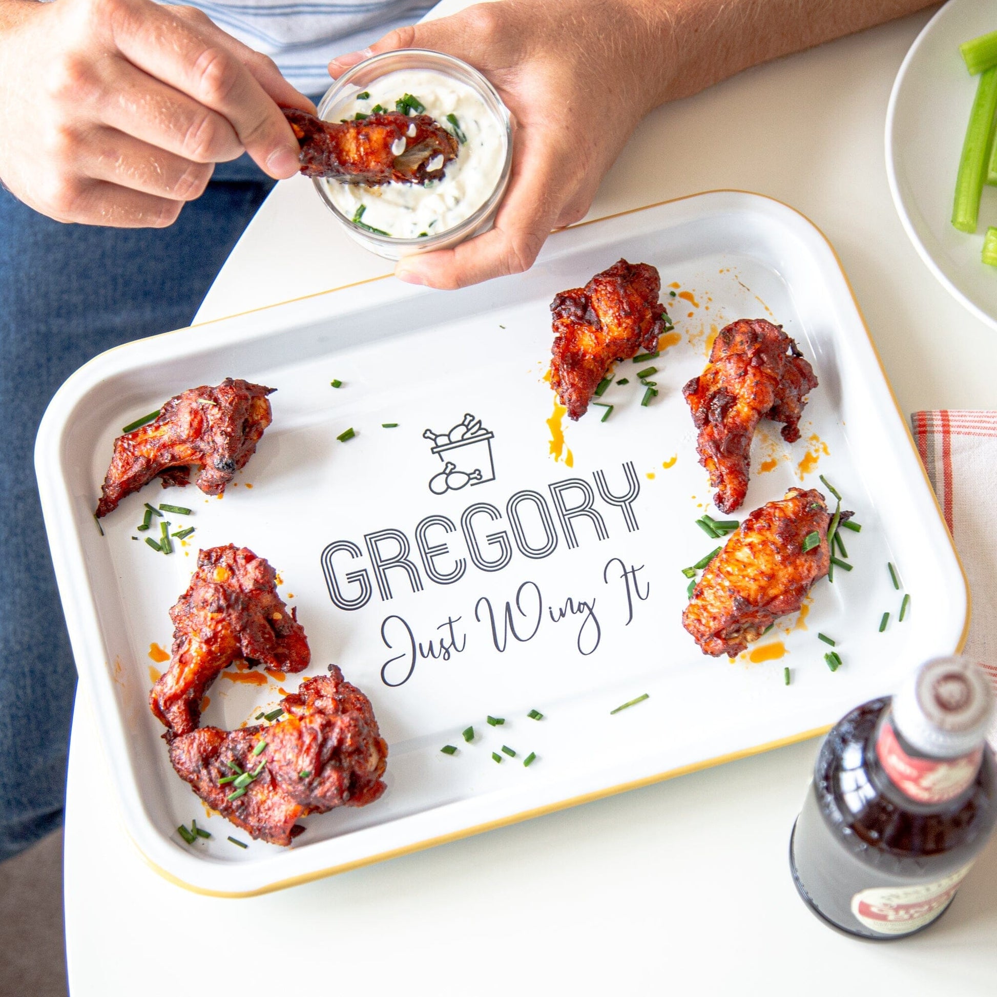 Personalised Chicken Wing Enamel Tray with chicken wings on it