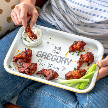 Personalised Chicken Wing Enamel Tray with chicken wings and a dip on it