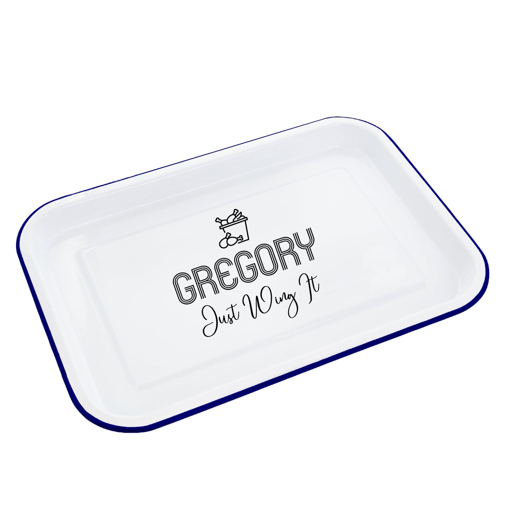 Personalised Chicken Wing Enamel Tray white backdrop