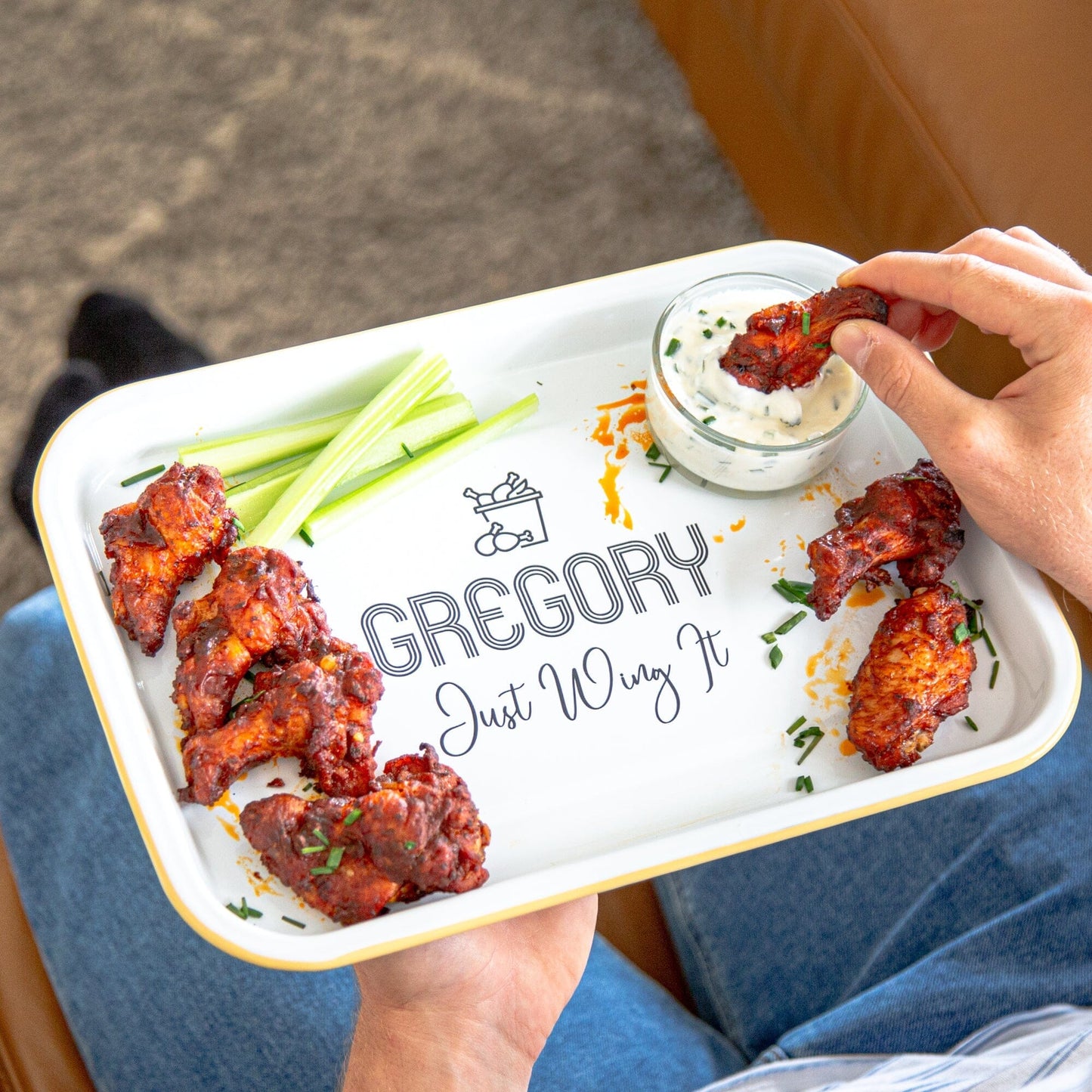 Personalised Chicken Wing Enamel Tray with chicken wings on it