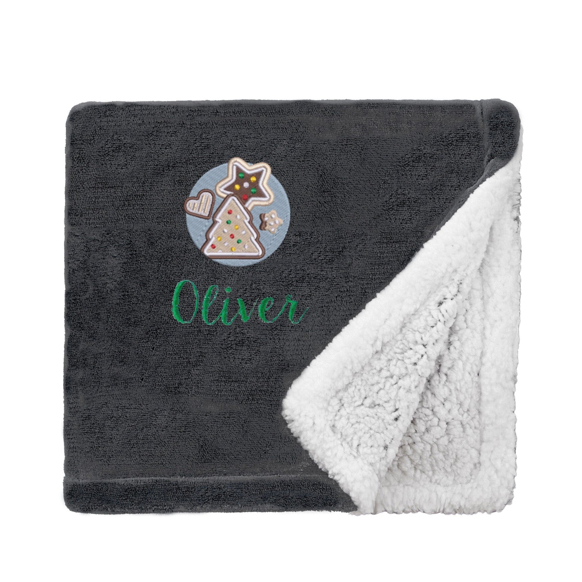 Black Personalised Christmas Cookies Christmas Mini Sherpa Blanket on White Backdrop