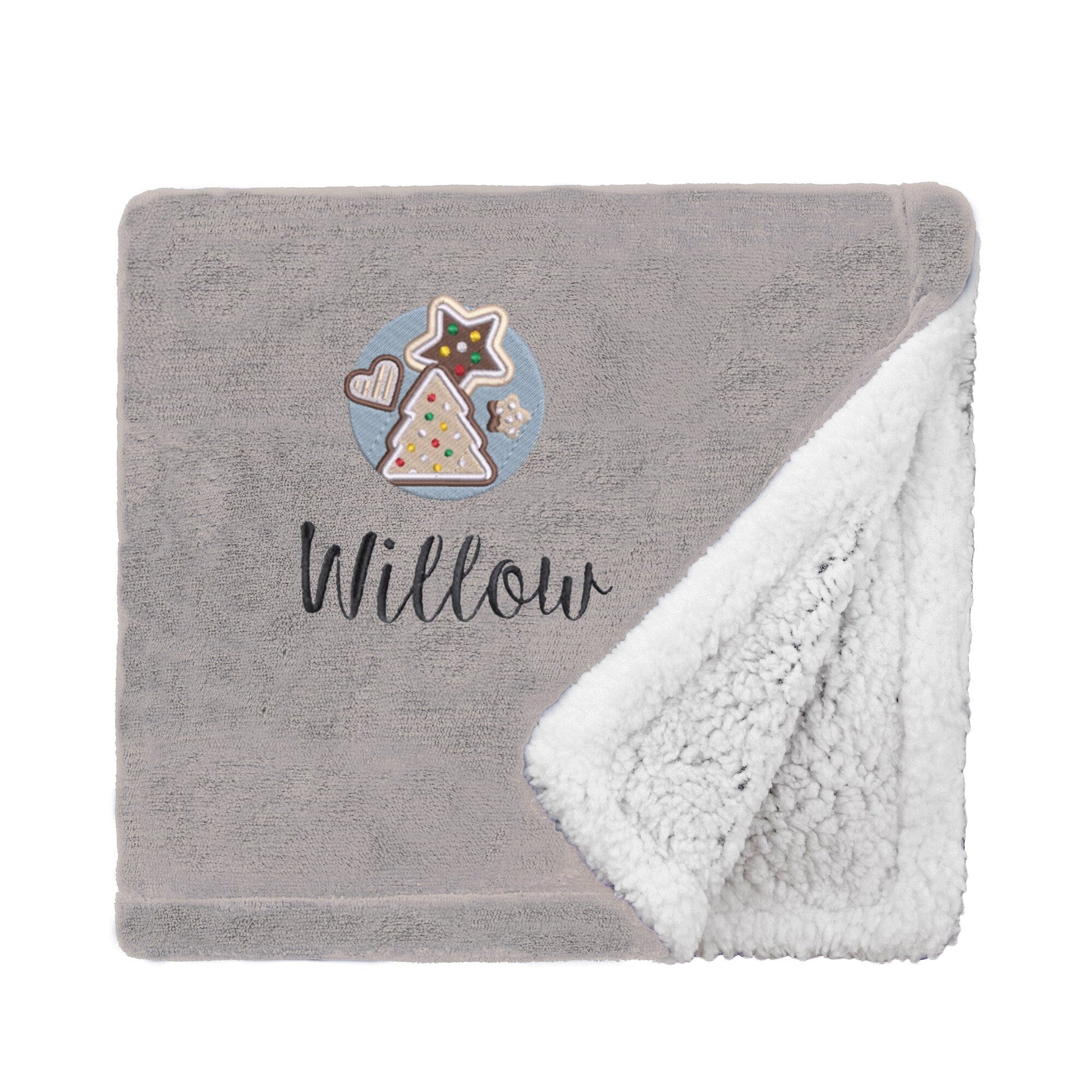 Taupe Personalised Christmas Cookies Christmas Mini Sherpa Blanket on White Backdrop