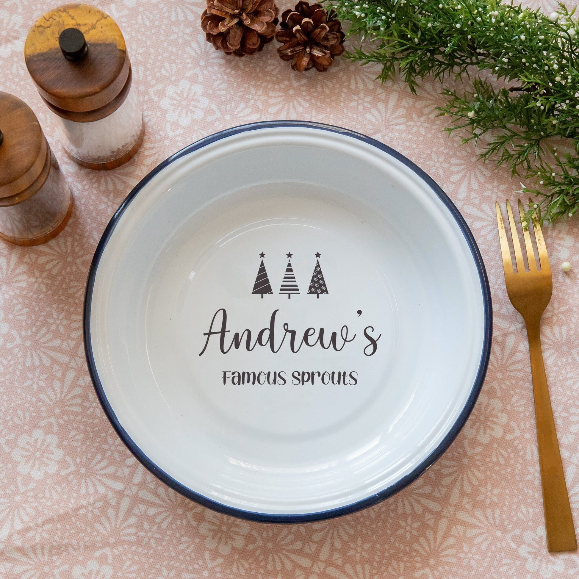 Personalised Christmas Enamel Serving Bowl on the table