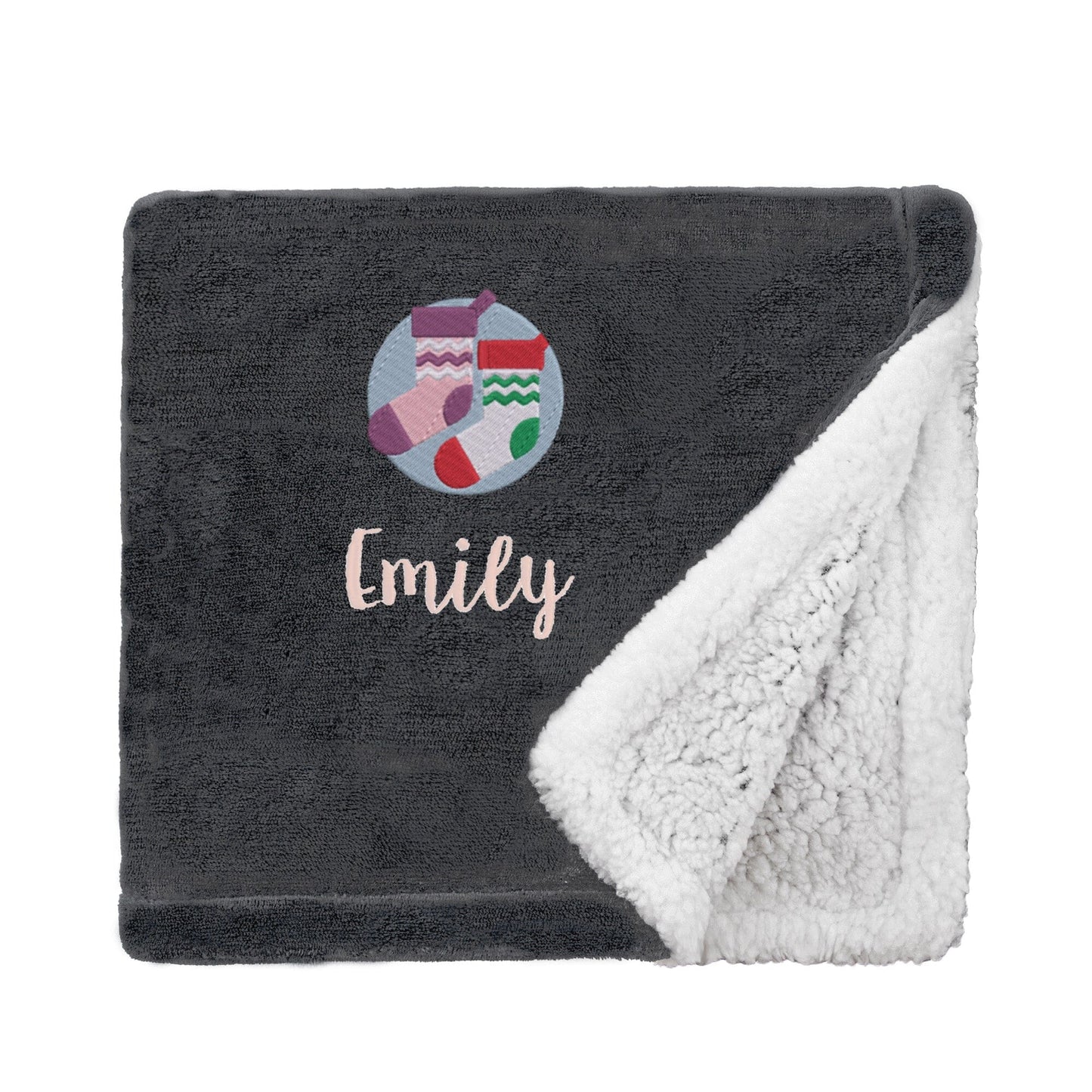 Black Personalised Christmas Stockings Mini Sherpa Blanket On White Backdrop