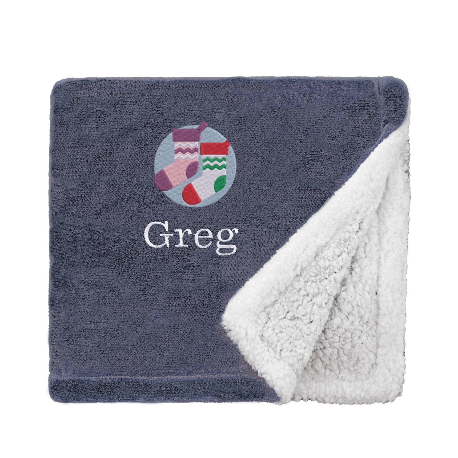 Slate Personalised Christmas Stockings Mini Sherpa Blanket On White Backdrop