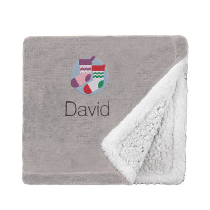 Taupe Personalised Christmas Stockings Mini Sherpa Blanket On White Backdrop