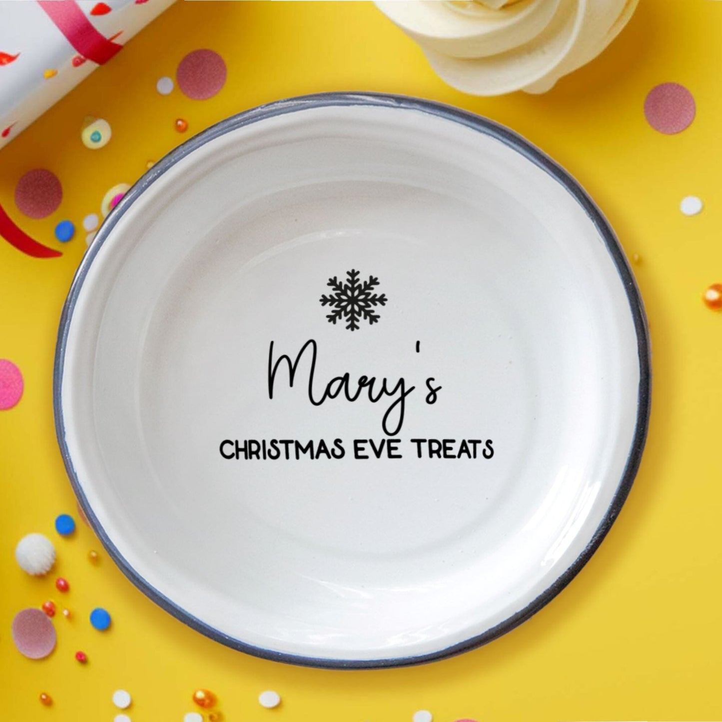 Personalised Christmas Treats Enamel Bowl on a yellow table