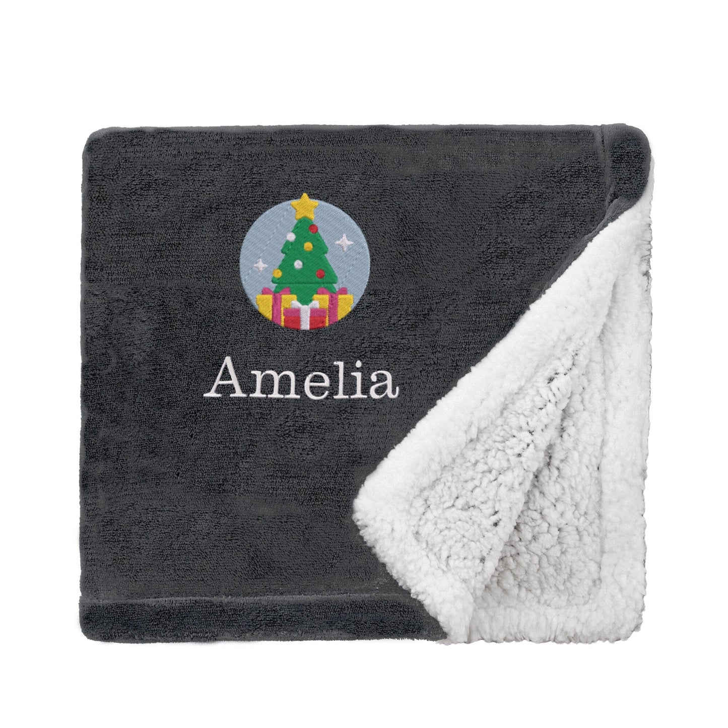 Black Personalised Christmas Tree Mini Sherpa Blanket On White Backdrop