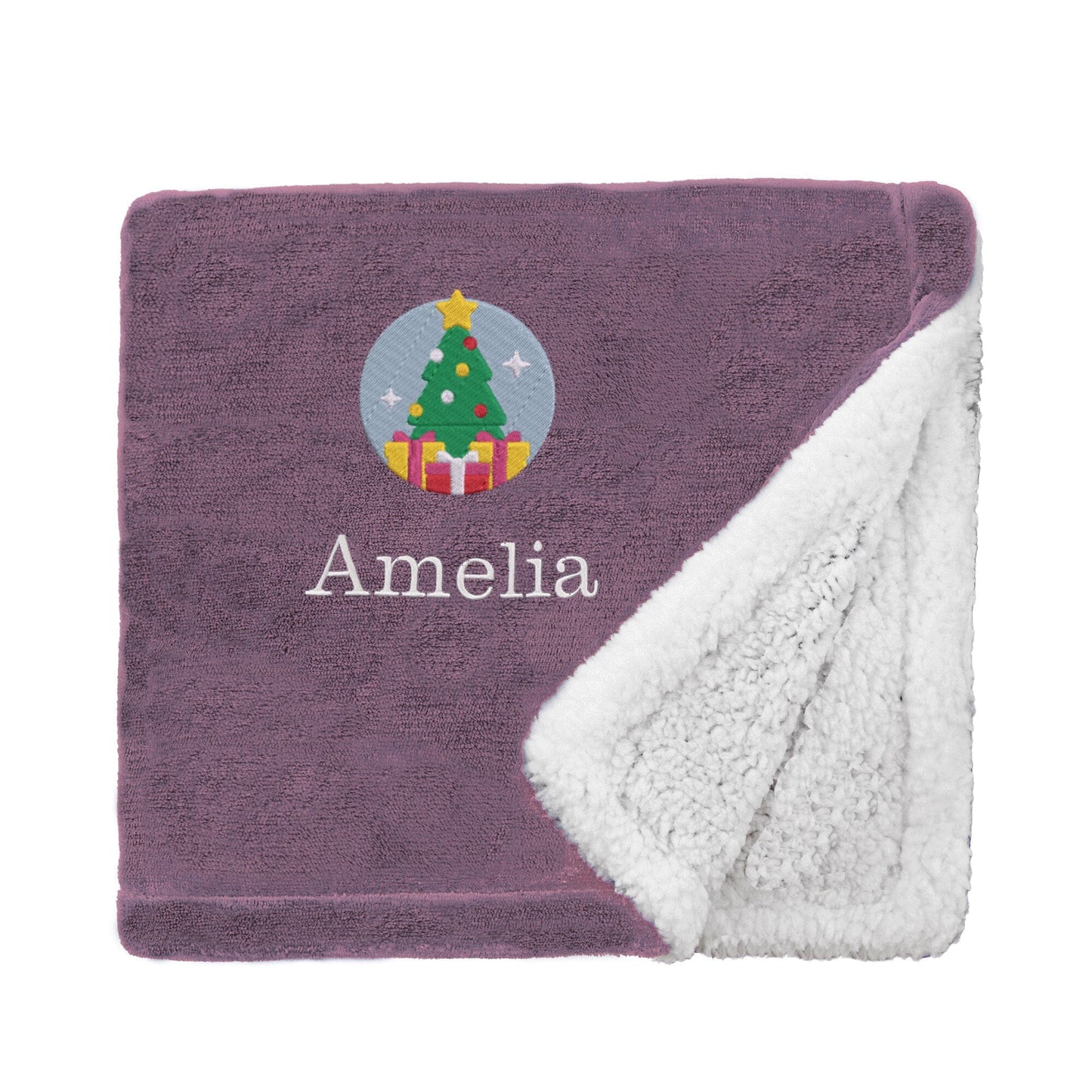 Lavender Personalised Christmas Tree Mini Sherpa Blanket On White Backdrop