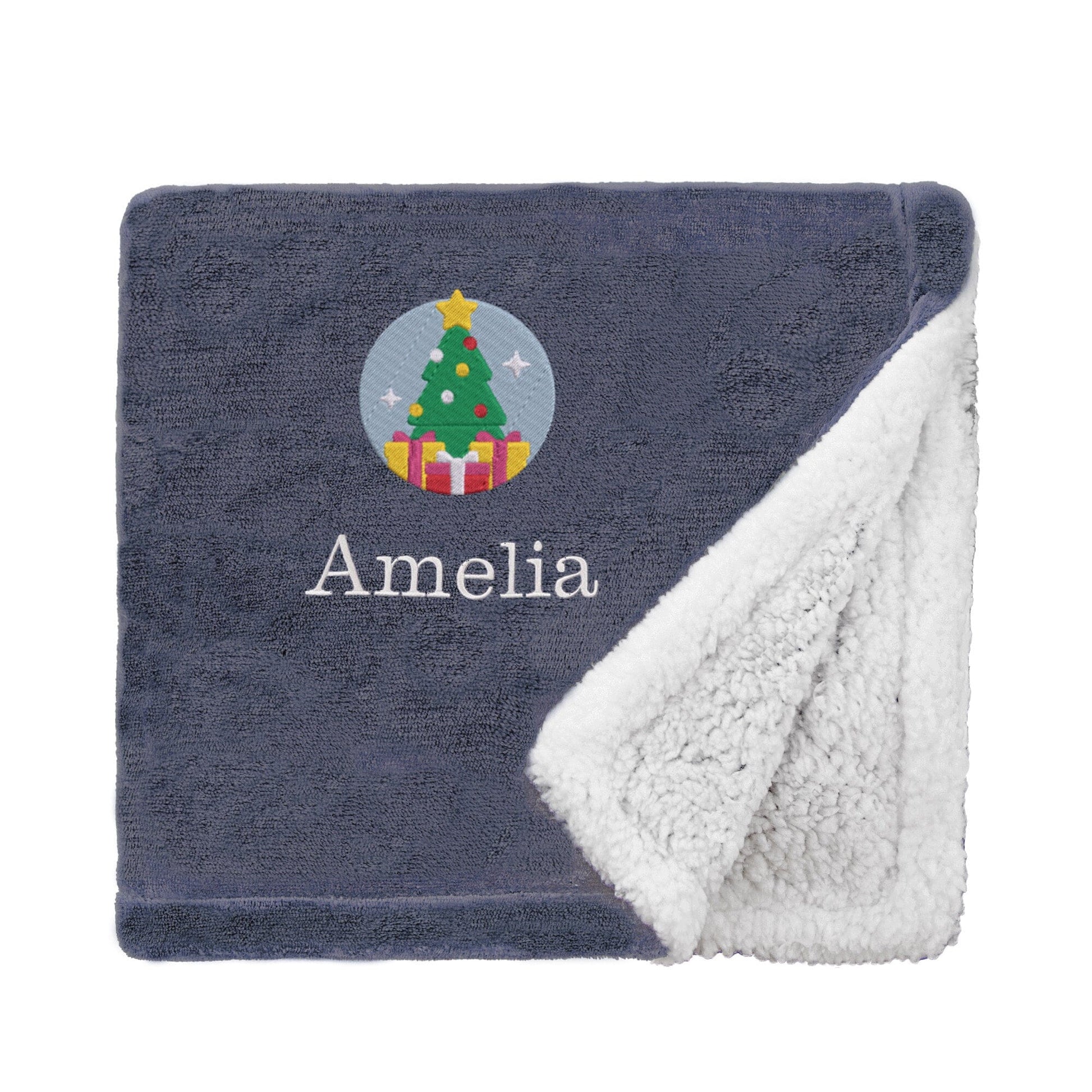 Slate Personalised Christmas Tree Mini Sherpa Blanket On White Backdrop