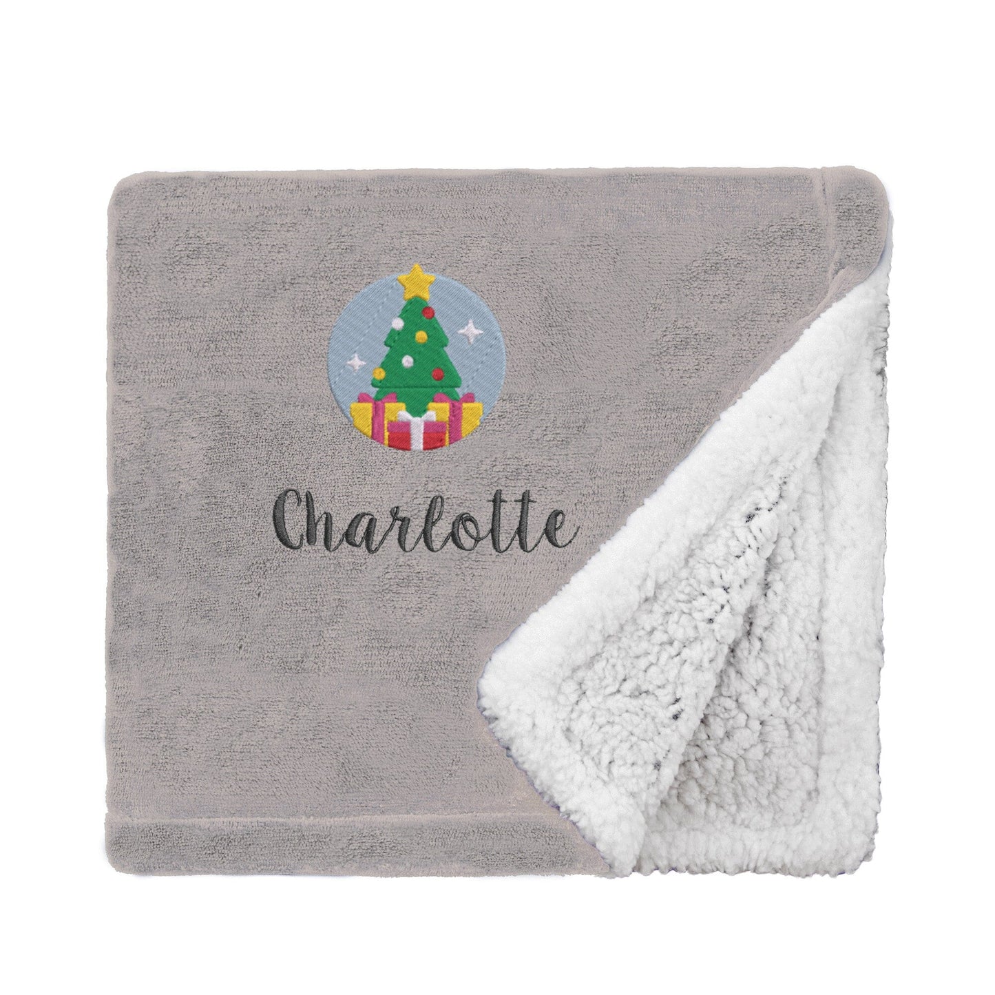 Taupe Personalised Christmas Tree Mini Sherpa Blanket On White Backdrop