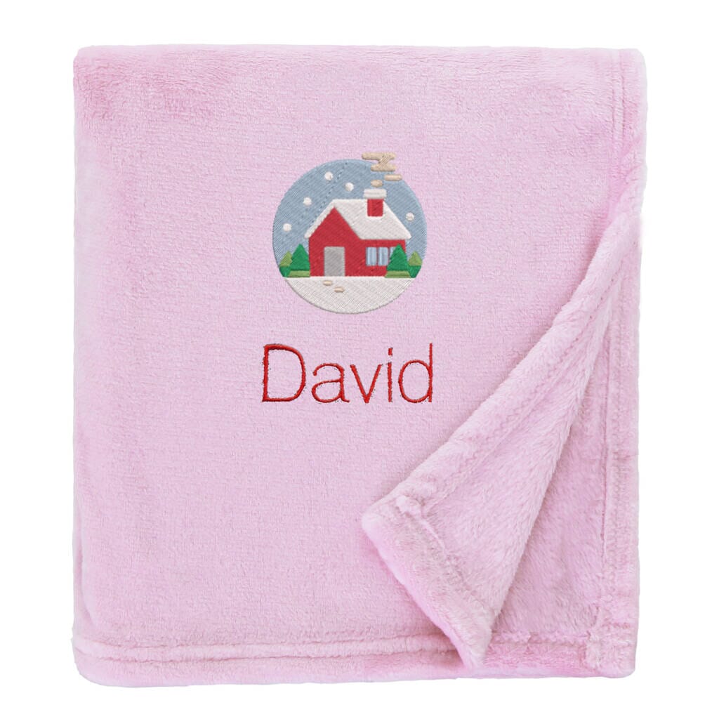 Personalised Cosy Christmas Blanket With Embroidered Festive Cottage Design