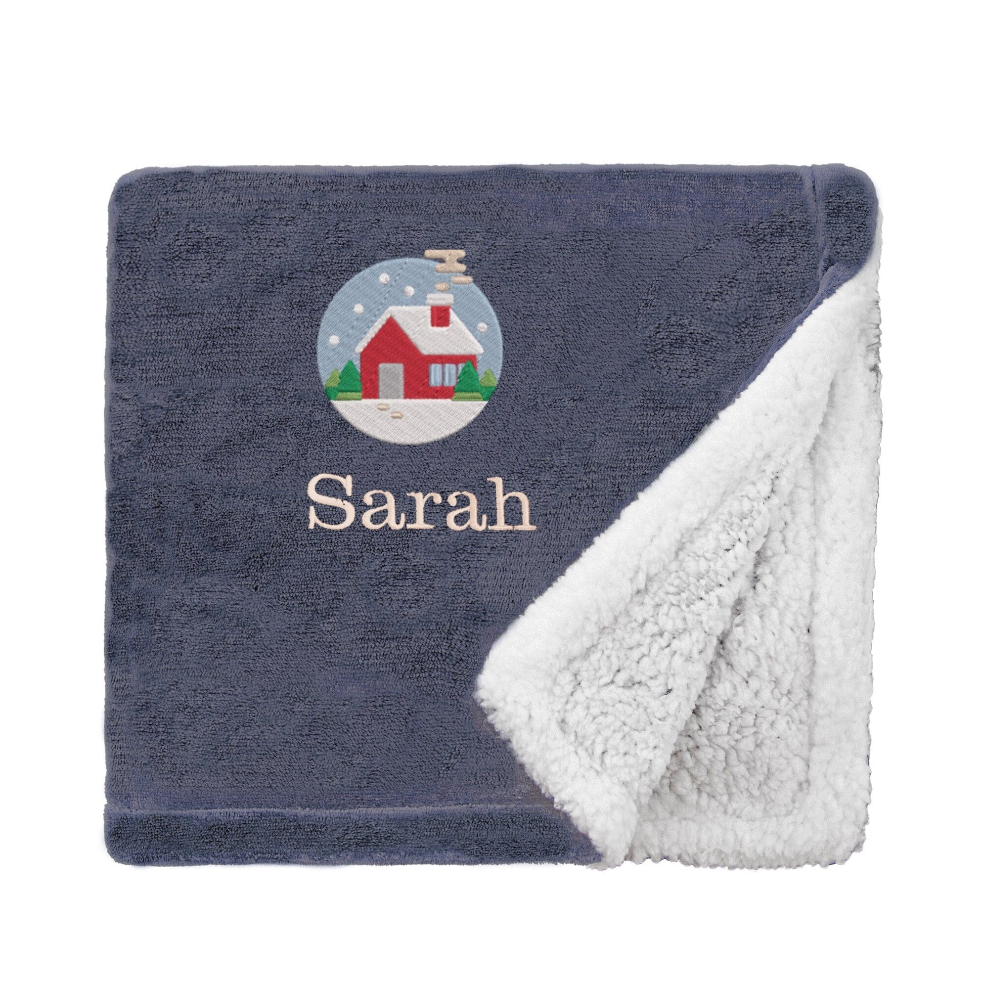 Slate Personalised Cosy Christmas Mini Sherpa Blanket With Embroidered Festive Cottage Design On White Backdrop