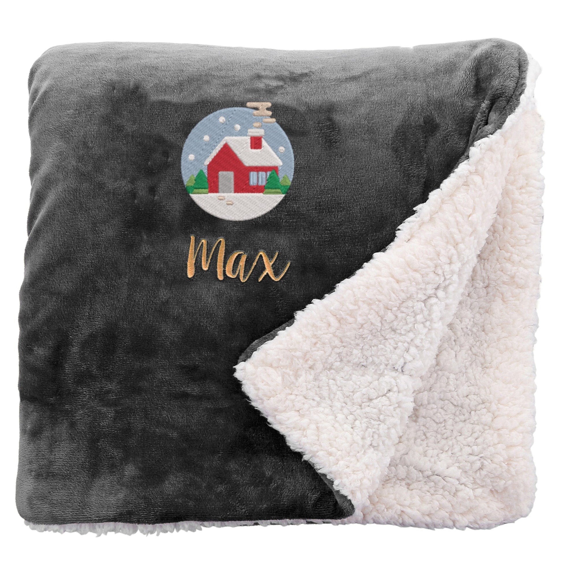 Black Personalised Cosy Christmas Sherpa Blanket With Embroidered Festive Cottage Design On White Backdrop