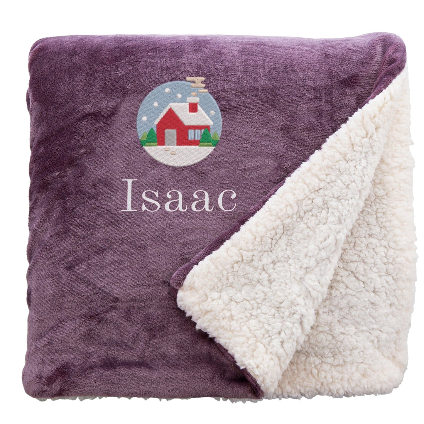 Lavender Personalised Cosy Christmas Sherpa Blanket With Embroidered Festive Cottage Design On White Backdrop