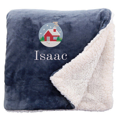 Slate Personalised Cosy Christmas Sherpa Blanket With Embroidered Festive Cottage Design On White Backdrop