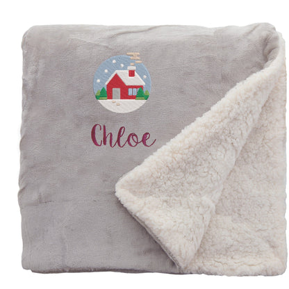 Taupe Personalised Cosy Christmas Sherpa Blanket With Embroidered Festive Cottage Design On White Backdrop