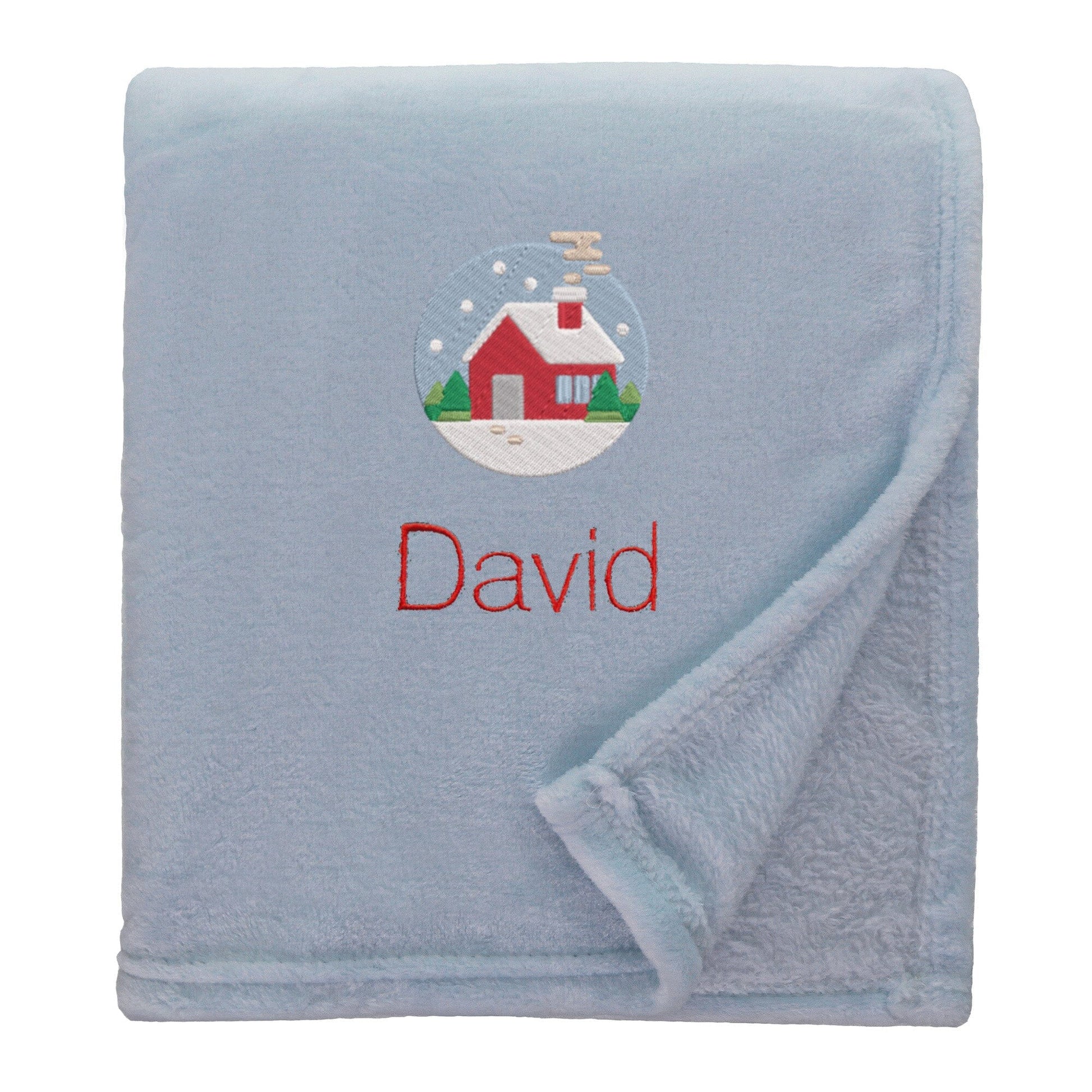 Duck Egg Personalised Cosy Christmas So Soft Blanket With Embroidered Festive Cottage Design On White Backdrop